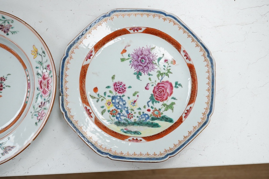 Three Chinese famille rose plates, late 18th century, circular plate 22cm diameter. Condition - edges chipped